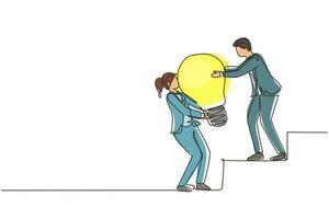 Single continuous line drawing woman helping man to lifting light bulb at stairs. Business idea, teamwork, goal achievement, solution, success, winner concept. One line draw design vector illustration