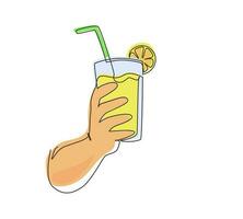 Single continuous line drawing hand holding glass with lemonade fruit juice. Drink made of fresh lemon juice. Juicy water with straw. Relaxing time. One line draw graphic design vector illustration