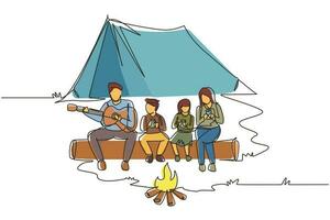 Single continuous line drawing adventure hiker family camping with bonfire. Drinking hot tea sitting on logs. Father playing guitar and sing song with child. One line draw design vector illustration