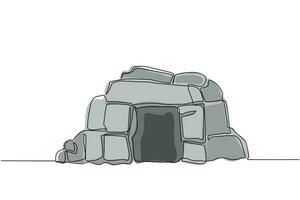 Continuous one line drawing prehistoric stone cave entrance sketch on isolated white background. Stone cave entrance flat composition icon symbol. Single line draw design vector graphic illustration