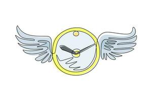 Single one line drawing clock with wings flying in the sky. Lost time concept. Time featuring winged clock flying in the sky. Time flies. Modern continuous line draw design graphic vector illustration