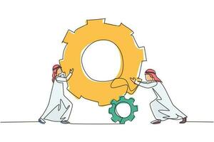 Single continuous line drawing two Arab businessmen help each other pushing big cog. People push gear, team of worker tech holding gear collaboration solution. One line draw design vector illustration