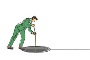 Continuous one line drawing businessman stretch out rope into hole. Man wondering and looking at the big hole, business concept in opportunity, exploration or challenge. Single line draw design vector