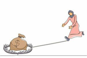 Single continuous line drawing money trap business. Arabian businesswoman running to catch money bag in the steel bear trap. Metaphor of greedy financial risk and bad solutions. One line design vector