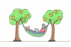 Single one line drawing happy rich Arab businesswoman typing with laptop in hammock tied on money tree with dollar coins. Make profit or dividend from investment. Continuous line design graphic vector