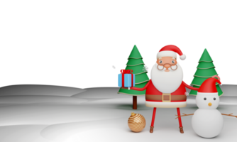 3D Portrait of Santa Claus Presenting Gift Box With Snowman, Bauble, Xmas Tree. png