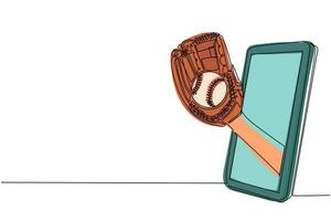 Single continuous line drawing pitcher hand holds baseball ball with glove through mobile phone. Smartphone with baseball games app. Mobile sports stream championship. One line draw design vector