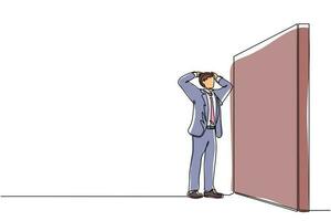 Single continuous line drawing businessman standing and confused in front of huge brick wall barriers. Scene for wrong business decision, mistake, deadlock. One line draw design vector illustration