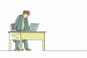 Single continuous line drawing frustrated and furious businessman shouting and screaming screen laptop on his working desk. Bad workspace emotions. One line draw graphic design vector illustration