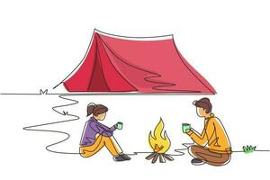 Single continuous line drawing camping or hiking couple around campfire tents. Man woman sitting on ground and drinking hot tea getting warm near bonfire. One line draw design vector illustration