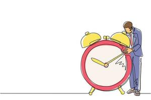 hombre de negocios, gerente o empleado de dibujo de una sola línea de pie y abrazando un gran reloj. concepto de gestión del tiempo. hora, reloj, hora de trabajar. ilustración de vector gráfico de diseño de dibujo de línea continua