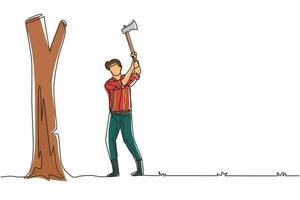 Single continuous line drawing lumberjack with an ax chopping wood. Woodcutter chopping tree with axe. Wearing shirt, jeans and boots. Man with ax in his hands cuts tree. One line draw design vector