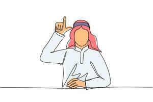 Single one line drawing unhappy Arabian man showing loser sign on forehead with fingers. Stressed trendy person gesturing hand over head. Male making 'L' symbol. Continuous line draw design vector