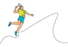 Single continuous line drawing young agile woman badminton player jump and smash shuttlecock. Badminton tournament event. Sport exercise healthy concept. One line draw design vector illustration