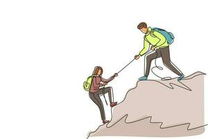 Single one line drawing man woman hikers climbing up mountain and one of them helping to each other with rope, support in dangerous situation to climb. Continuous line draw design vector illustration