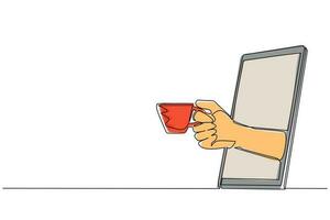 mano de dibujo continuo de una línea sosteniendo una taza de café caliente a través del teléfono móvil. concepto de comida en línea de entrega de pedidos de bebidas de café. aplicación para teléfonos inteligentes. ilustración de vector de diseño de dibujo de una sola línea