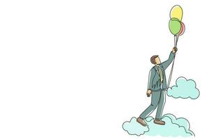 Single one line drawing businessman floating with balloon. Man holding balloon flying through cloud. Worker reaches goal, target, finds solution. Continuous line design graphic vector illustration