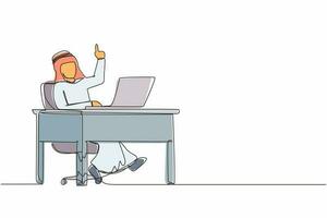 un hombre de negocios árabe de dibujo de una sola línea que obtiene una idea nueva y brillante mientras trabaja con una computadora portátil en el escritorio. gerente masculino que trabaja con la computadora en el escritorio. la gente se hace una idea. vector gráfico de diseño de línea continua
