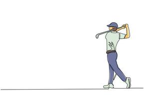 Single one line drawing active young man golf player swing golf club and hit ball. Leisure sport concept. Professional golf tournament. Healthy lifestyle. Continuous line draw design graphic vector