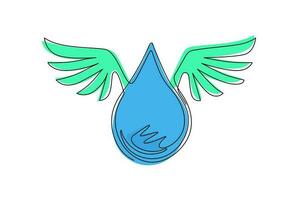 Single continuous line drawing water drop cartoon character with wings world water day banner concept. Winged water droplet isolated flat icon. Dynamic one line draw graphic design vector illustration