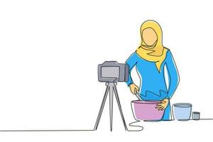 Continuous one line drawing Arabian woman preparing dessert at kitchen, stirring dough with spatula. Cooking live streaming. Blogger prepares meal online. Single line draw design vector illustration