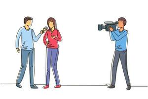 Single continuous line drawing journalist, operator interview television program or news. TV host, reporter, cameraman questioning woman. Video recording show broadcasting. One line draw design vector