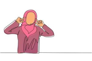 Single continuous line drawing young Arab woman covering ears with fingers with annoyed expression for noise of loud sound or music while eyes closed. One line draw graphic design vector illustration