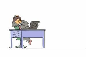 Single continuous line drawing scared man manager looking at laptop computer screen. Shocked male watching video on his notebook computer at home. One line draw graphic design vector illustration