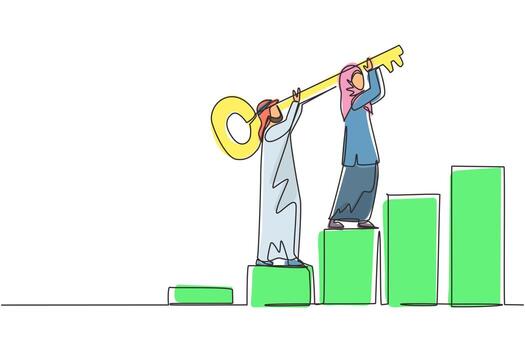 trabajo en equipo continuo de dibujo de una línea, clave para el éxito. desbloquear la solución empresarial. hombre de negocios árabe y mujer de negocios con llave escalando un gráfico de columnas para ganar o tener éxito. vector de diseño de dibujo de una sola línea