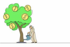 Single continuous line drawing Arabic business investment with money tree illustration. Man watering tree with coins dollar symbols. Business development, profit growth. One line graphic design vector