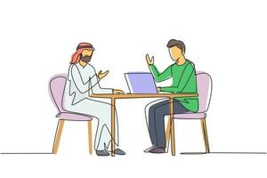 Continuous one line drawing Arab male interviewing famous person in studio for tv show. Concept of television or internet broadcast with journalist talking to celebrity. Single line draw design vector