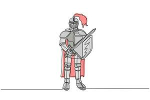 Single continuous line drawing medieval knight in armor, cape, helmet with feather. Warrior of middle ages standing and holding sword and shield. Chivalry figure. One line draw design graphic vector