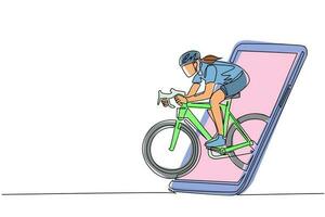 Single continuous line drawing woman bicycle racer focus train her speed at training session getting out of smartphone screen. Mobile sports play matches. Dynamic one line draw graphic design vector