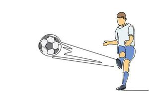 Single one line drawing soccer player kicks soccer ball. Football player kicking ball. Footballer scored goal. Soccer sport, team game concept. Modern continuous line draw design vector illustration