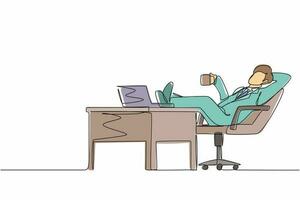 Single one line drawing young businessman work relaxed at desk and drink cup of coffee. Flat design of employee character working with laptop computer. Continuous line draw graphic vector illustration