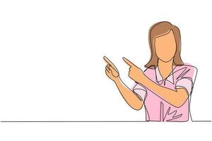 Continuous one line drawing young woman pointing away hands together and showing or presenting something while standing and smiling. Emotion and body language. Single line draw design vector graphic