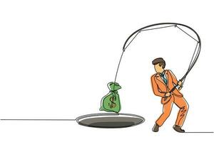 Continuous one line drawing businessman holding fishing rod got big money bag from hole. Man catching money bag with fishing rod. Business concept. Single line draw design vector graphic illustration
