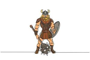 dibujo de una sola línea continua hombre guerrero vikingo en casco con cuernos sosteniendo maza y escudo. personaje de dibujos animados masculino con arma de pie en pose beligerante. vector de diseño gráfico de dibujo dinámico de una línea