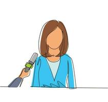 Continuous one line drawing interview with young girl. Digital journalism. News conference world live tv hands of journalists microphones interview concept. Single line draw design vector illustration