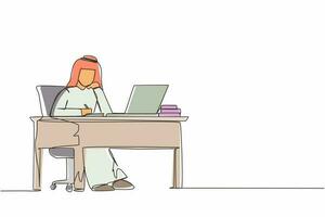 Single continuous line drawing Arabic businessman writing sitting in front of laptop at table. Young male studying and writing in notebook, at desk in front of computer. One line graphic design vector