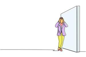 Single continuous line drawing Arab businesswoman standing and confused in front of huge brick wall barriers. Scene for wrong business decision, mistake, deadlock. One line draw graphic design vector