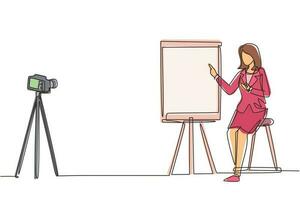 Continuous one line drawing woman giving presentation to camera doing webinar. The concept of blogging, online training and conferences. Camera on tripod. Single line draw design vector illustration