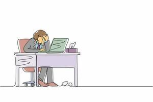 Single continuous line drawing male employee crying while wiping tears using tissue and staring at laptop. Businessman working overtime in office. One line draw graphic design vector illustration