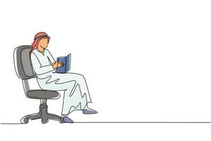 Continuous one line drawing modern young Arabian man reading book sitting in chair. Smart male reader enjoying literature, studying and preparing for exam. Single line draw design vector illustration