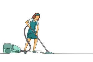 Continuous one line drawing woman with vacuum cleaners of various types isolated on white background. Washing, cleaning service. Disinfection and cleaning. Single line draw design vector illustration
