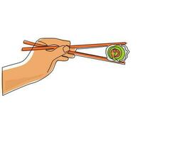 Single one line drawing hand holding Japanese, Chinese, Asian sushi, roll with pair of wooden chopsticks. Hand with chopsticks and sushi, roll with salmon. Modern continuous line draw design vector