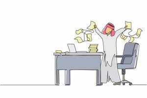 Single continuous line drawing happy Arabic businessman, company leader or office worker throwing documents in air, enjoying business success while sitting at workplace. One line graphic design vector