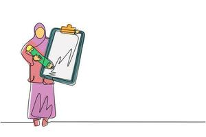 mujer de negocios árabe de dibujo de una sola línea sosteniendo portapapeles con lista de verificación. plan de éxito empresarial completado. cronograma de planificación de logros de objetivos. ilustración de vector de diseño de dibujo de línea continua