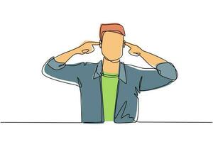 Continuous one line drawing man covering ears with fingers with annoyed expression for the noise of loud sound or music while eyes closed standing in white background. Single line draw design vector