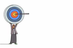 dibujo continuo de una línea hombre de negocios árabe sosteniendo un gran objetivo con una flecha. gerente masculino inteligente con el objetivo como símbolo de tener una idea de éxito. ilustración gráfica de vector de diseño de dibujo de una sola línea